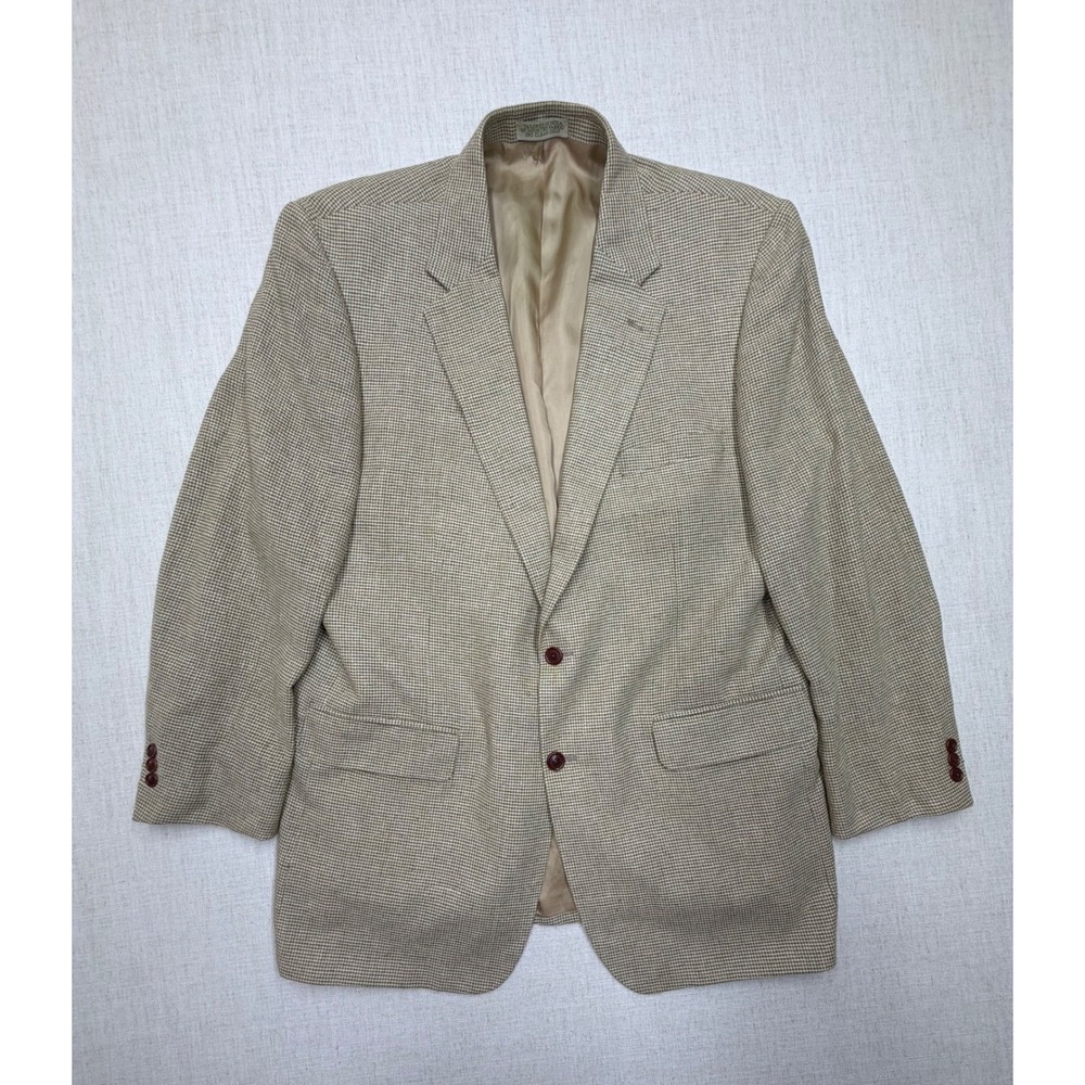 Orvis Mens 46L 100% Silk Sport Coat Blazer Tan Brown Houndstooth 2 Button 52E1